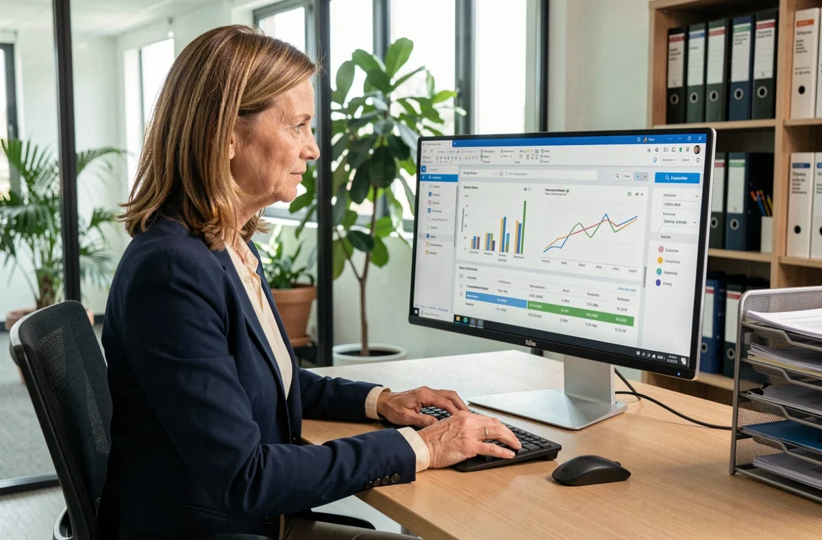 Gestionnaire de copropriété analysant un logiciel de gestion en ligne sur un ordinateur de bureau dans un bureau professionnel moderne