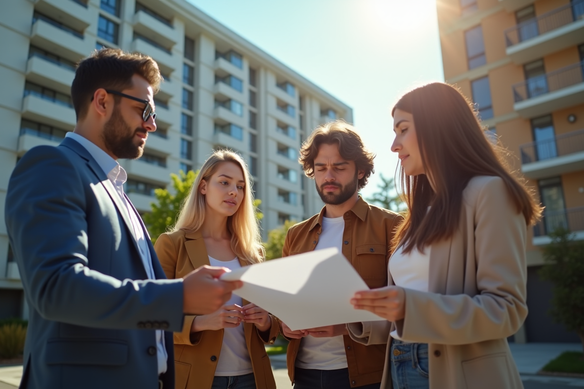 Groupe de personnes discutant de location devant un immeuble