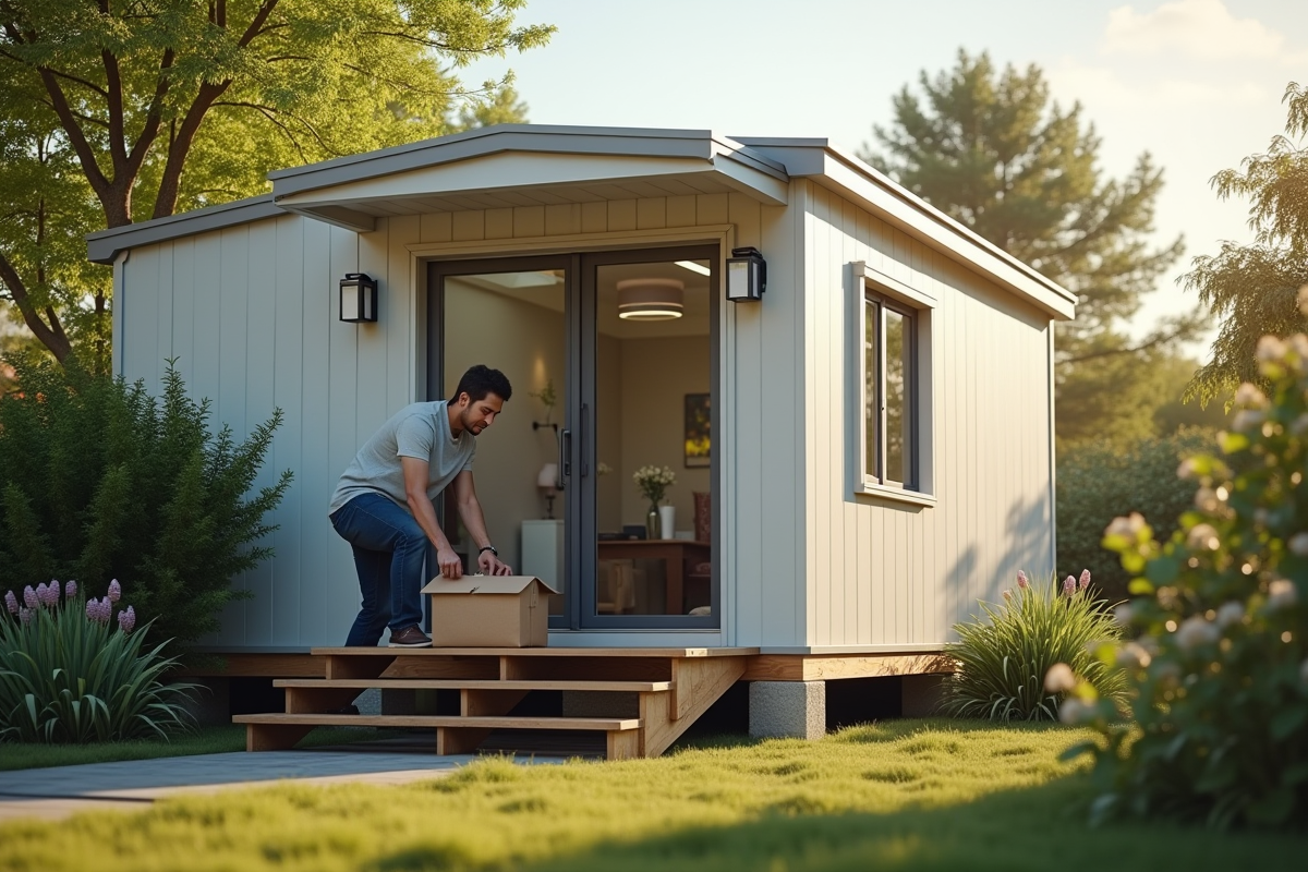 Personne déballant ses affaires devant une maison modulaire