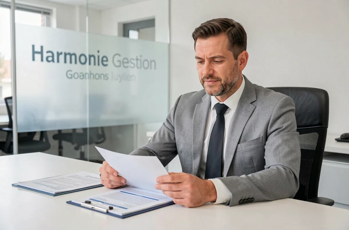 Conseiller d'Harmonie Gestion examinant un dossier de syndic dans un bureau moderne