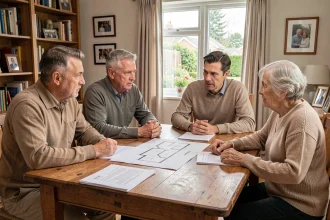 Famille réunie autour d'une table pour discuter de l'héritage de la maison familiale avec des documents notariaux