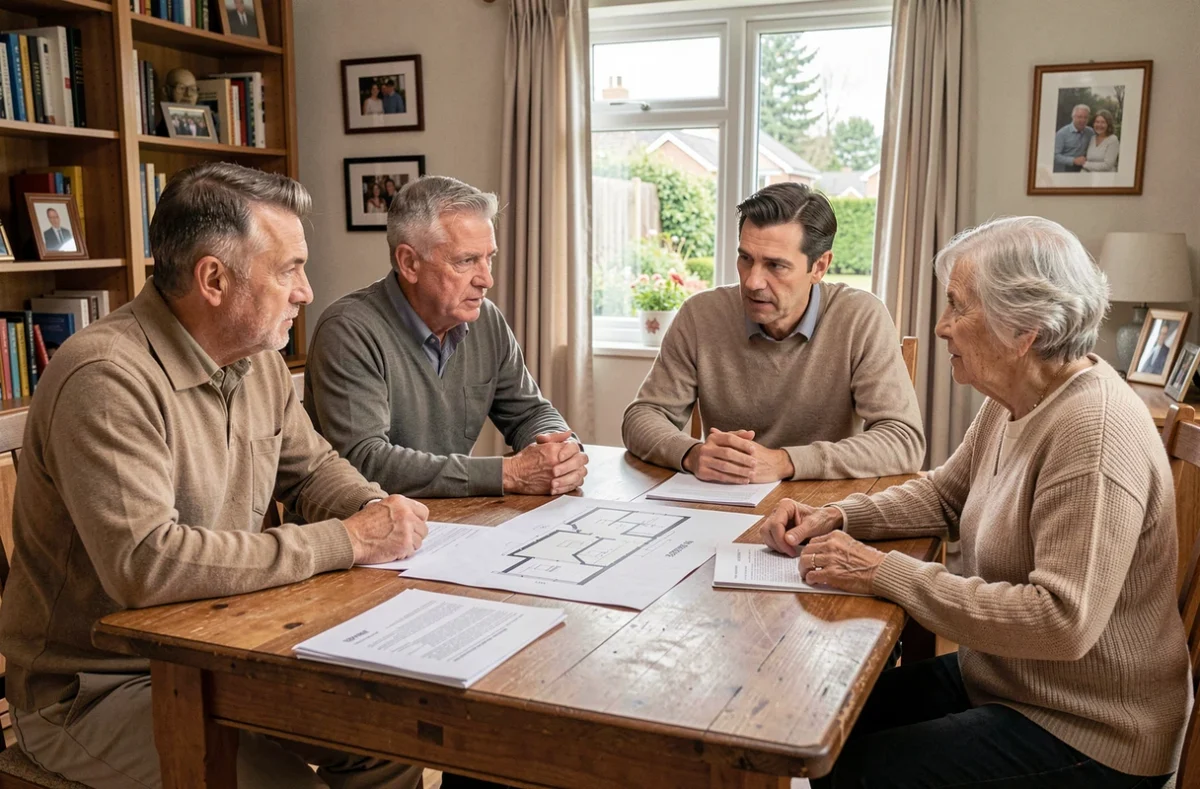 Famille réunie autour d'une table pour discuter de l'héritage de la maison familiale avec des documents notariaux