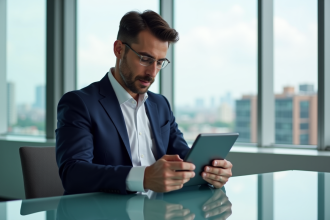 Homme d'affaires en costume bleu dans un bureau moderne