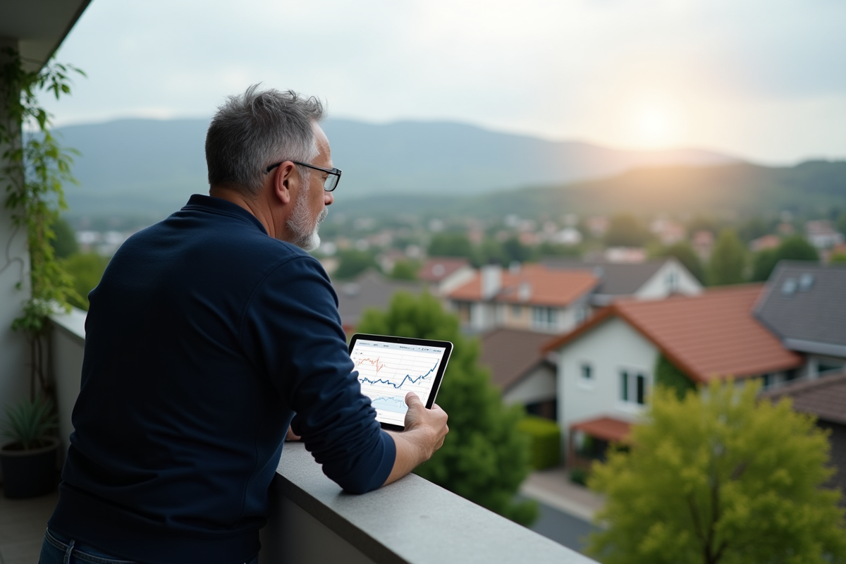 Homme regarde le quartier depuis un balcon ensoleille
