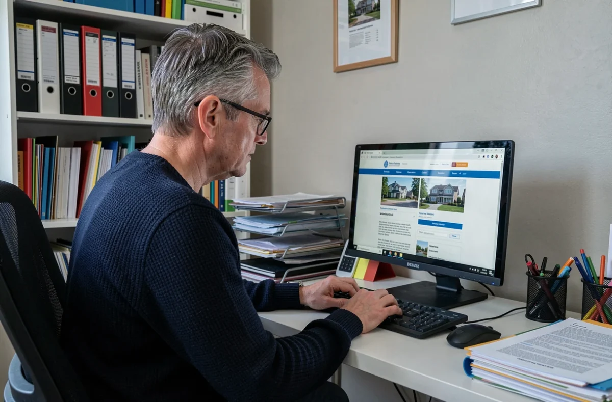 Homme d'âge moyen consultant un site administratif de logement social sur ordinateur dans un bureau à domicile