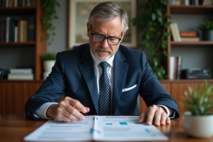 Homme d'âge moyen examinant des documents de prêt immobilier dans un bureau moderne