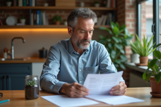 Homme d'âge moyen examinant des contrats de location dans un appartement moderne