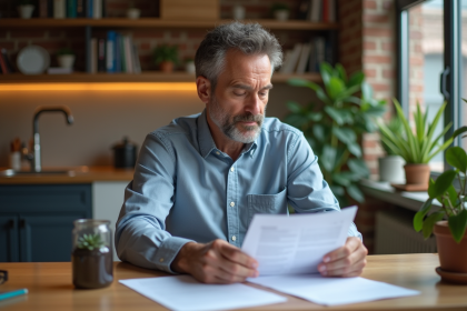 Homme d'âge moyen examinant des contrats de location dans un appartement moderne
