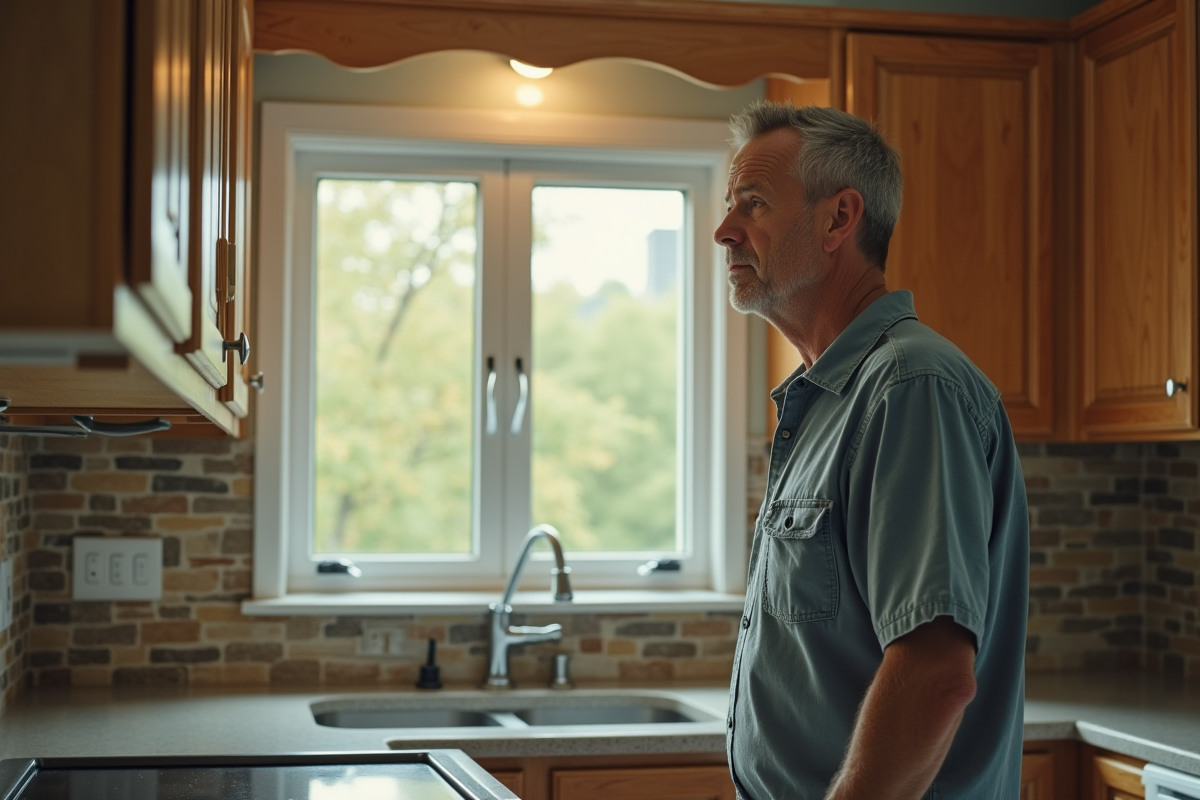 Homme d'âge moyen dans une cuisine examinant des dégâts d'eau