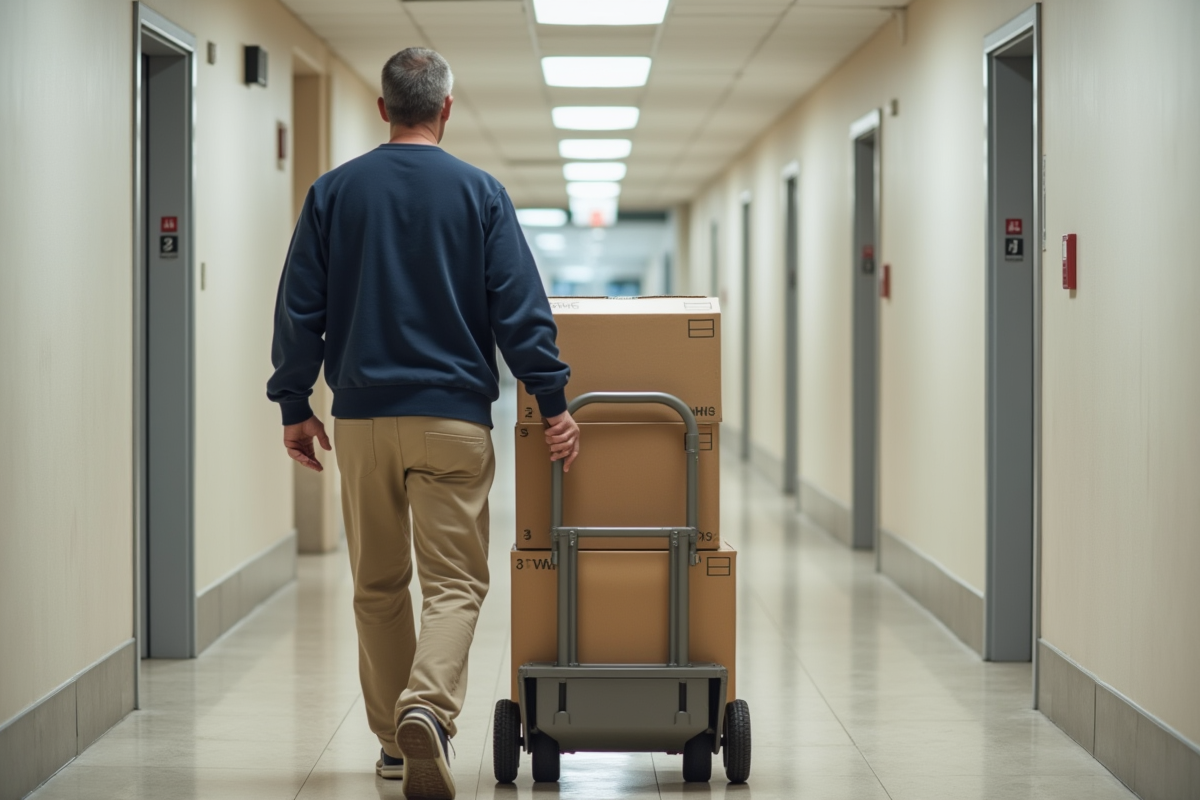 Homme en vêtements pratiques avec caddy dans couloir