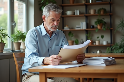 Homme d'âge moyen examinant un dossier dans un appartement lumineux
