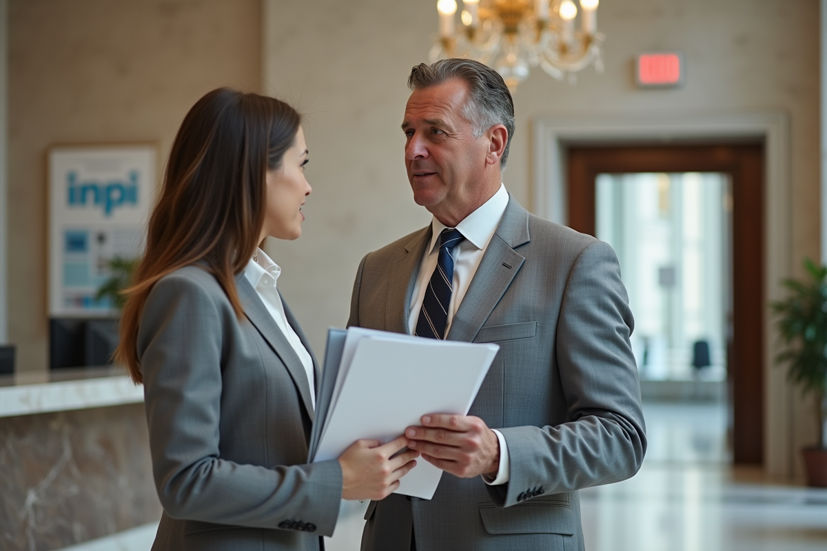 Homme en costume discutant avec une collègue dans un hall officiel