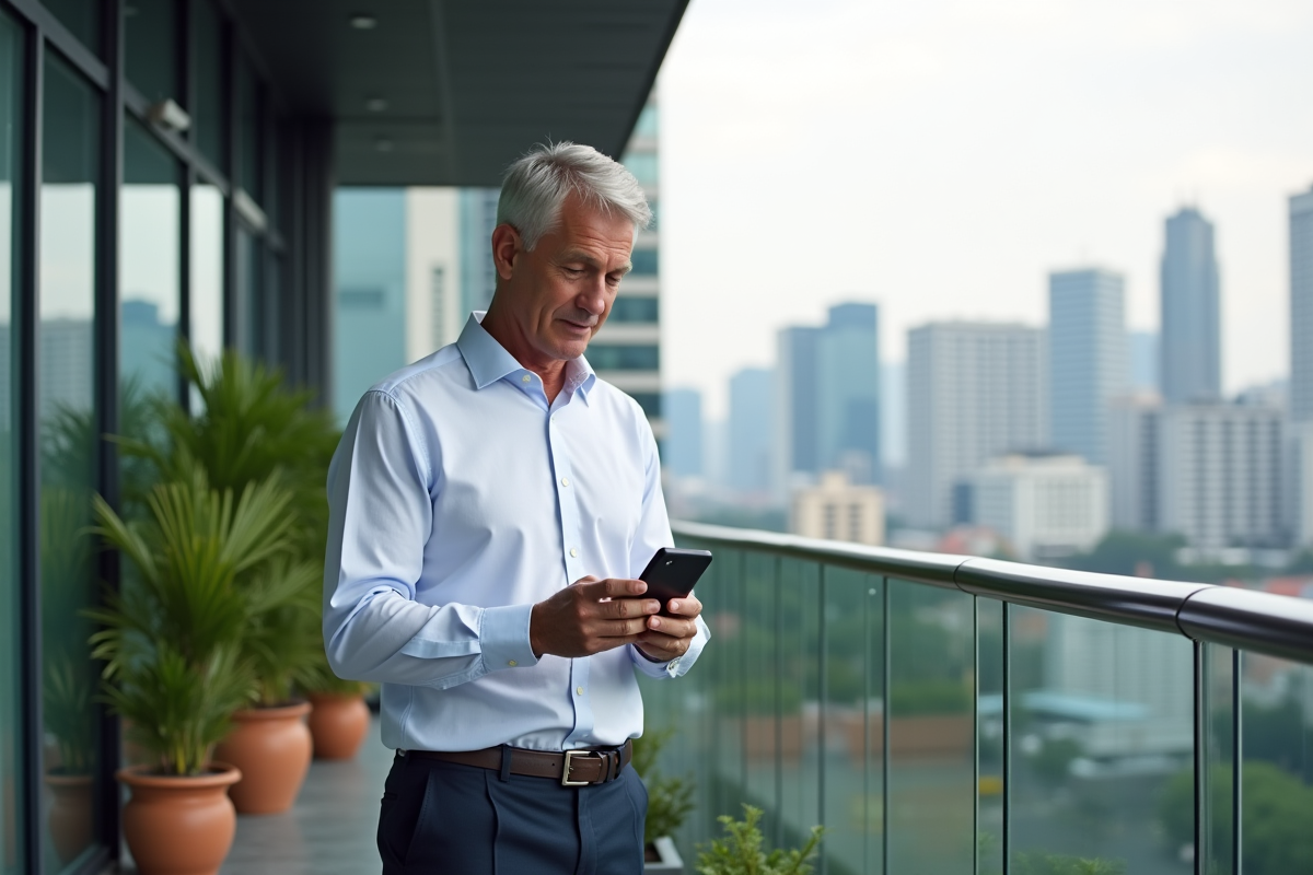 Homme d affaires dehors sur une terrasse avec vue urbaine