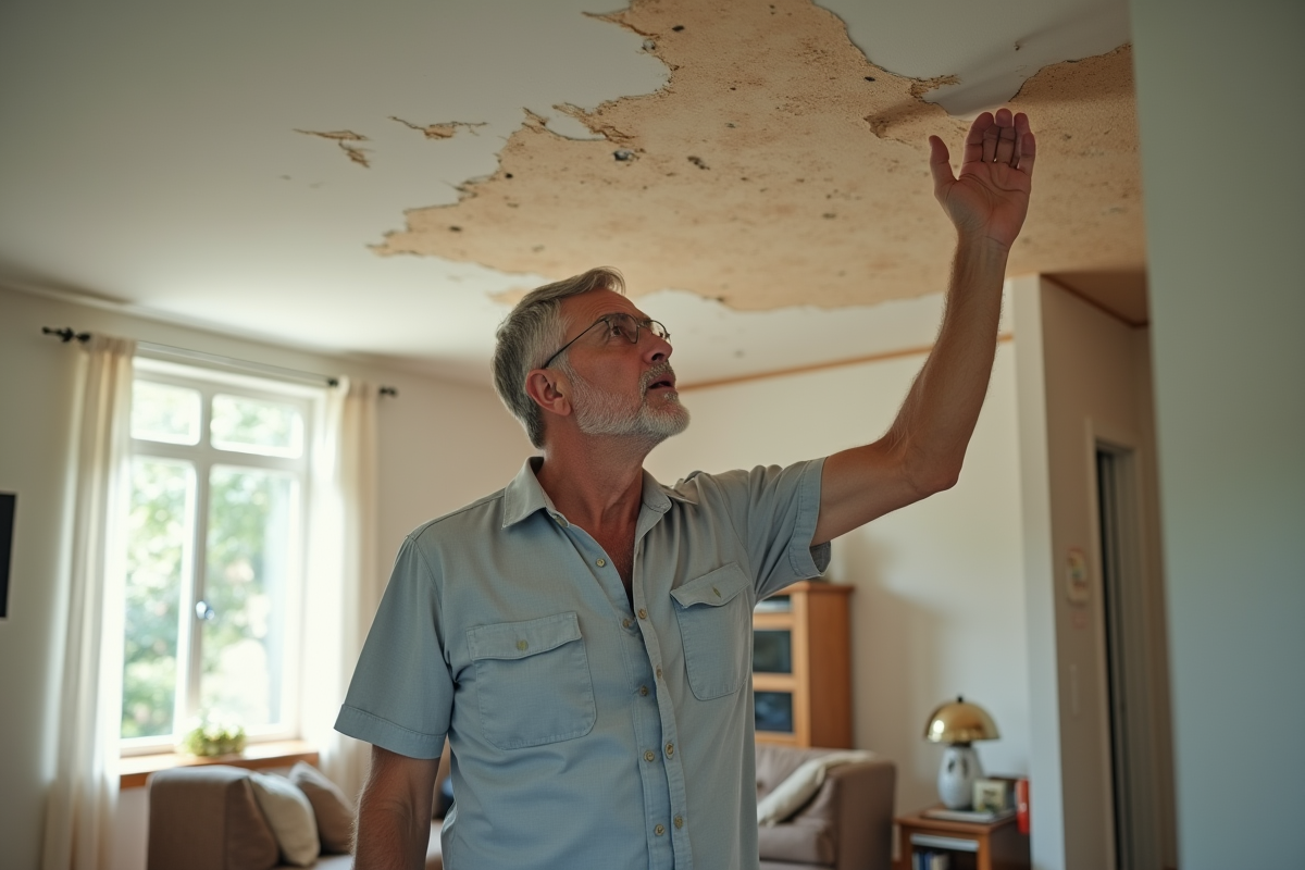 Homme inquiet inspectant des dégâts d'eau au plafond