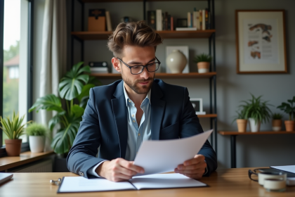 Jeune homme en bureau &eacute;tudiant un fonds immobilier