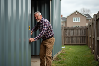 Homme mesurant l'espace entre hangar métallique et clôture en bois