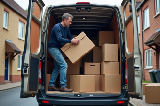 Homme en tenue casual organisant des cartons dans un camion de déménagement