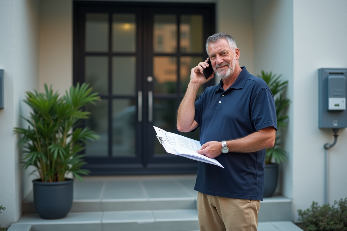 Homme parle au téléphone devant un immeuble urbain