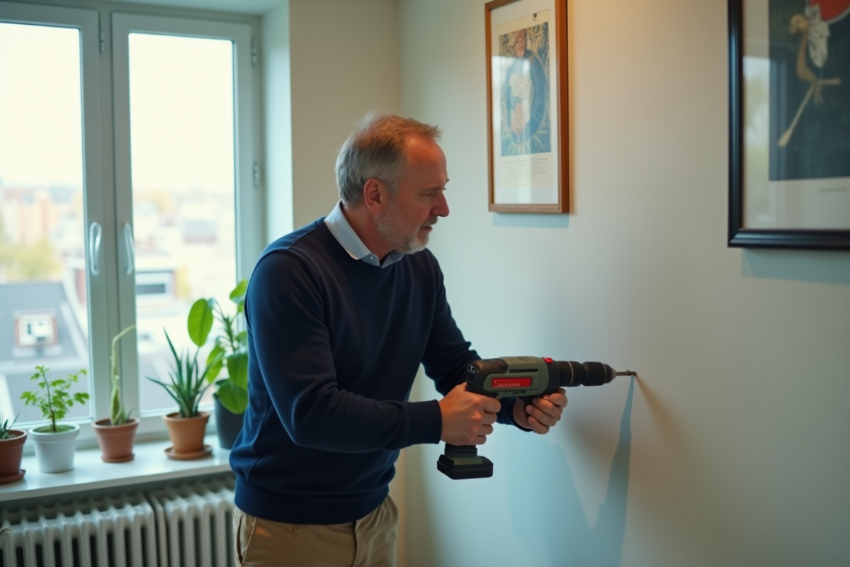 Homme utilisant une perceuse pour fixer un tableau dans un salon