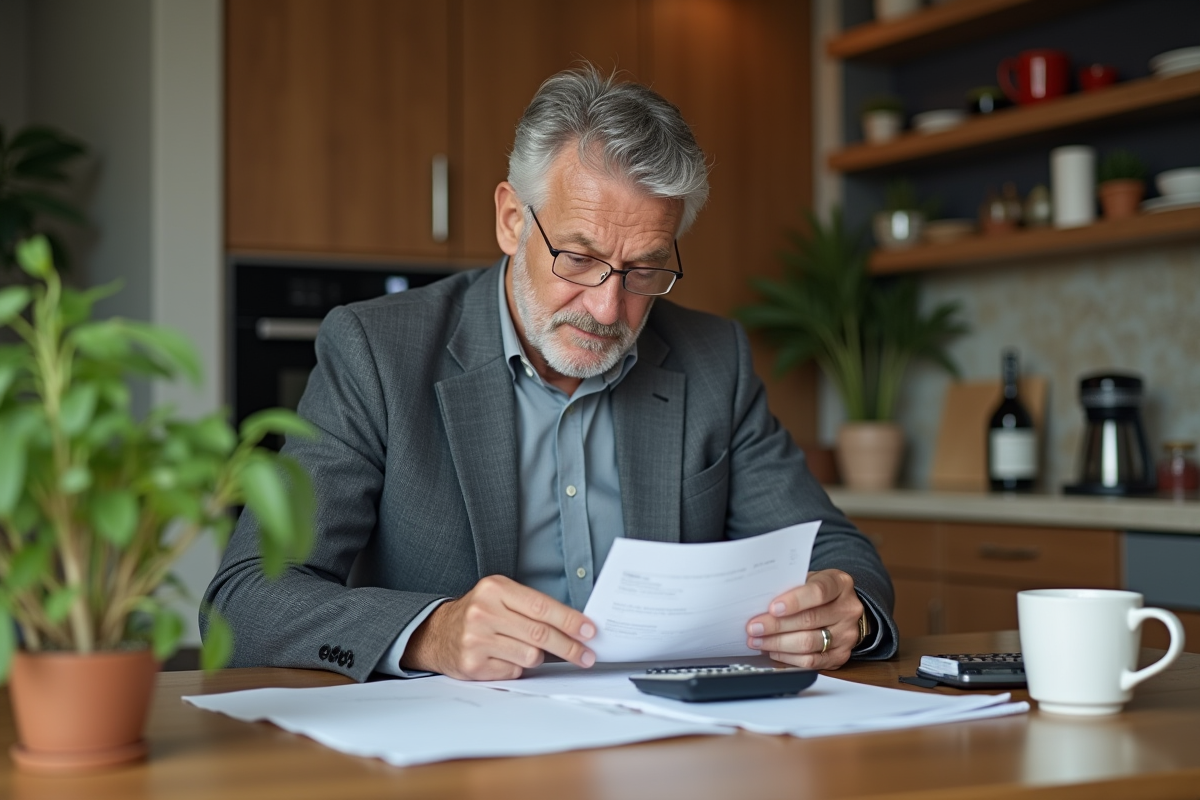Homme analysant des reçus dans une cuisine chaleureuse