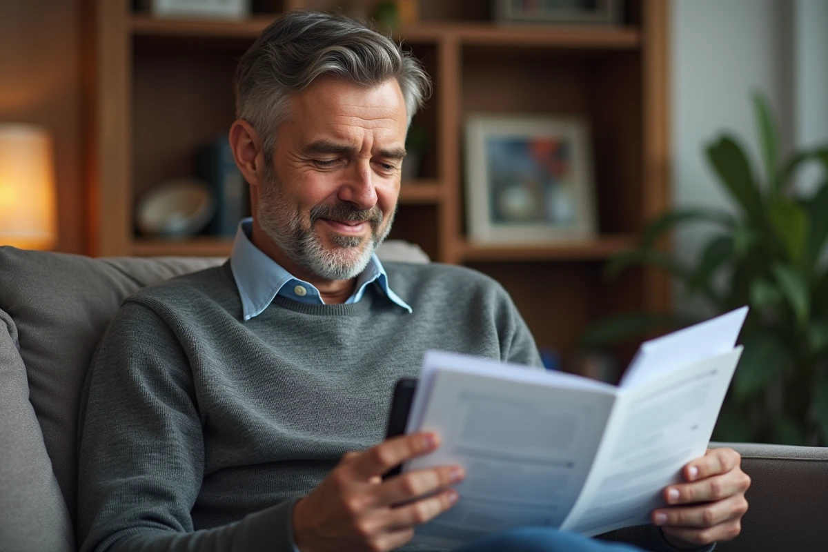Homme d&eacute;tendu v&eacute;rifiant ses documents dans un salon cosy
