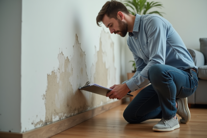 Homme d affaires examine une tache d eau sur un mur