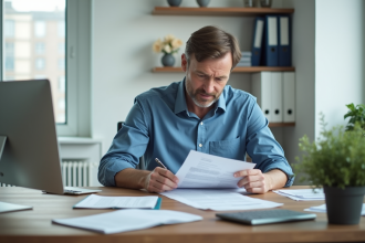 Homme d'âge moyen triant des documents d'impôts dans un bureau moderne