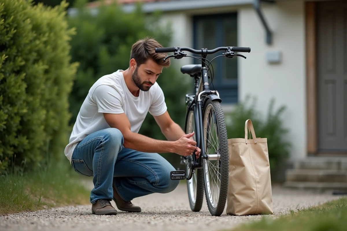 Homme réparant son vélo dans l'allée de sa petite maison avec jardin louée dans le Puy-de-Dôme illustrant le nouveau quotidien hors appartement
