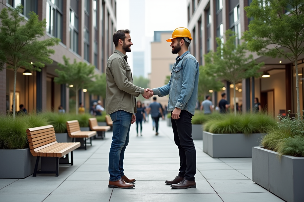Deux jeunes hommes se serrant la main dans un espace urbain