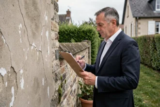 Huissier de justice examinant les fissures d'un mur mitoyen avant le début de travaux de voisinage