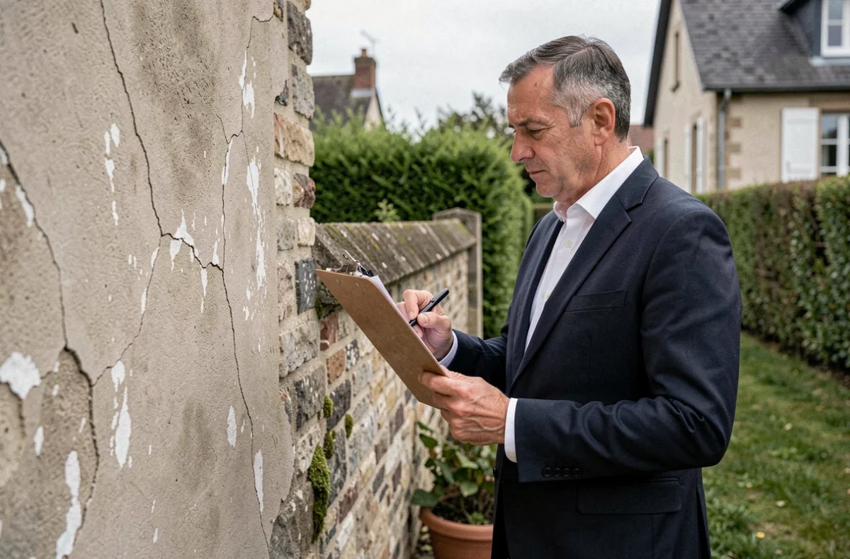 Huissier de justice examinant les fissures d'un mur mitoyen avant le début de travaux de voisinage