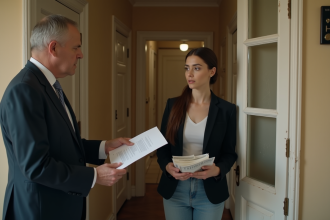 Huissier en costume remet une lettre à une femme