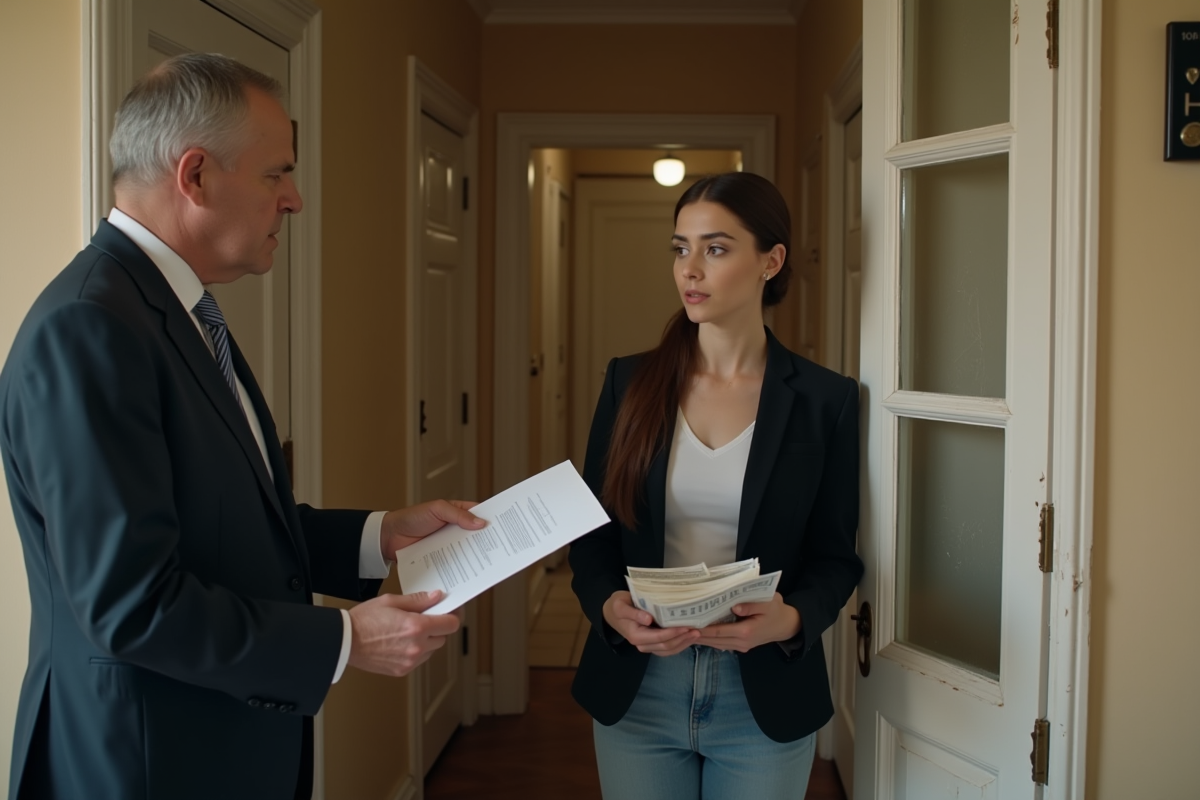 Huissier en costume remet une lettre à une femme