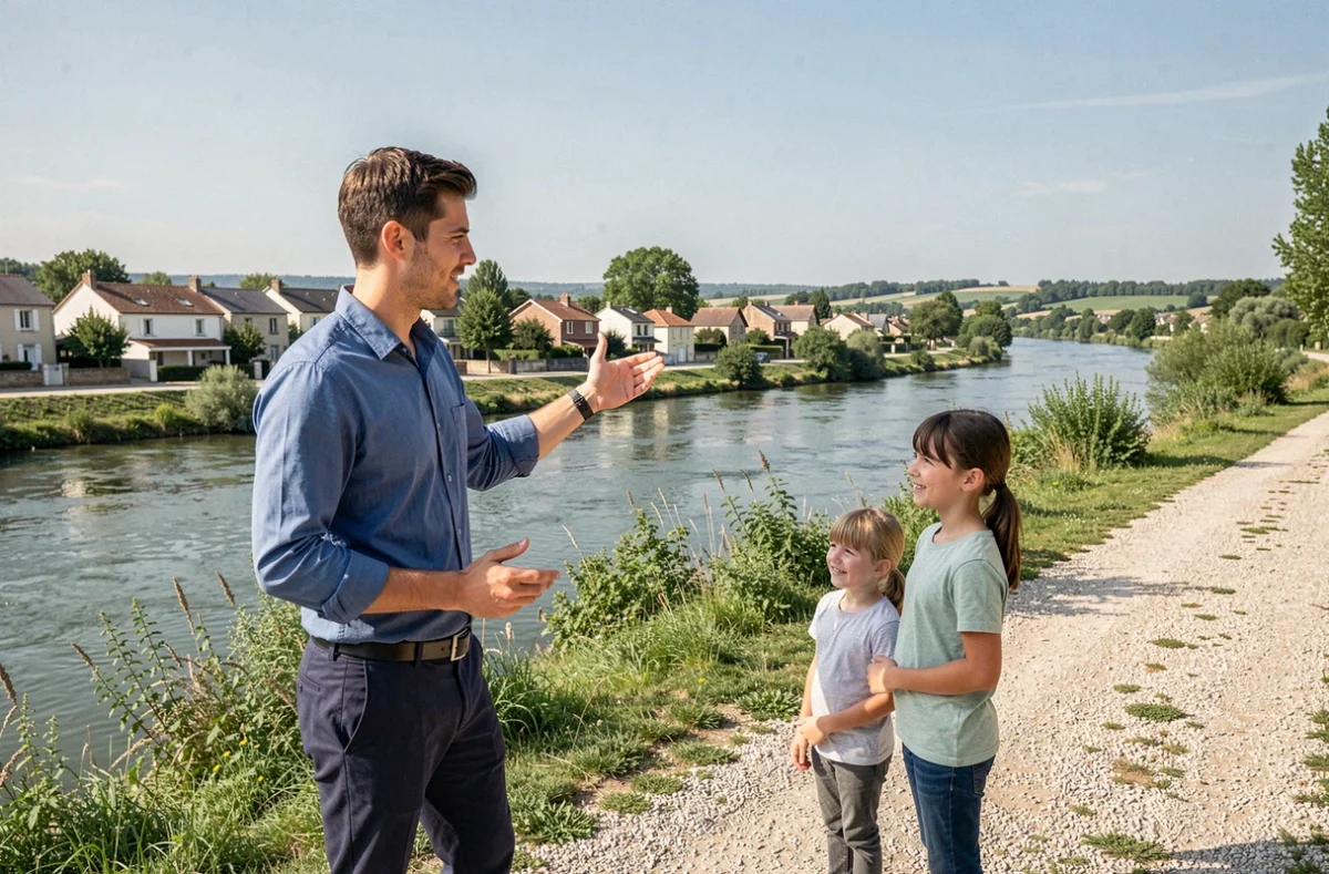 Agent de Human Immobilier présentant le quartier résidentiel de Verdun-sur-Garonne à une famille depuis les berges de la Garonne