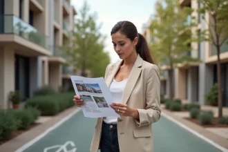 Femme consultant une annonce immobilière dans le quartier Montaudran à Toulouse, avec des immeubles résidentiels modernes en arrière-plan