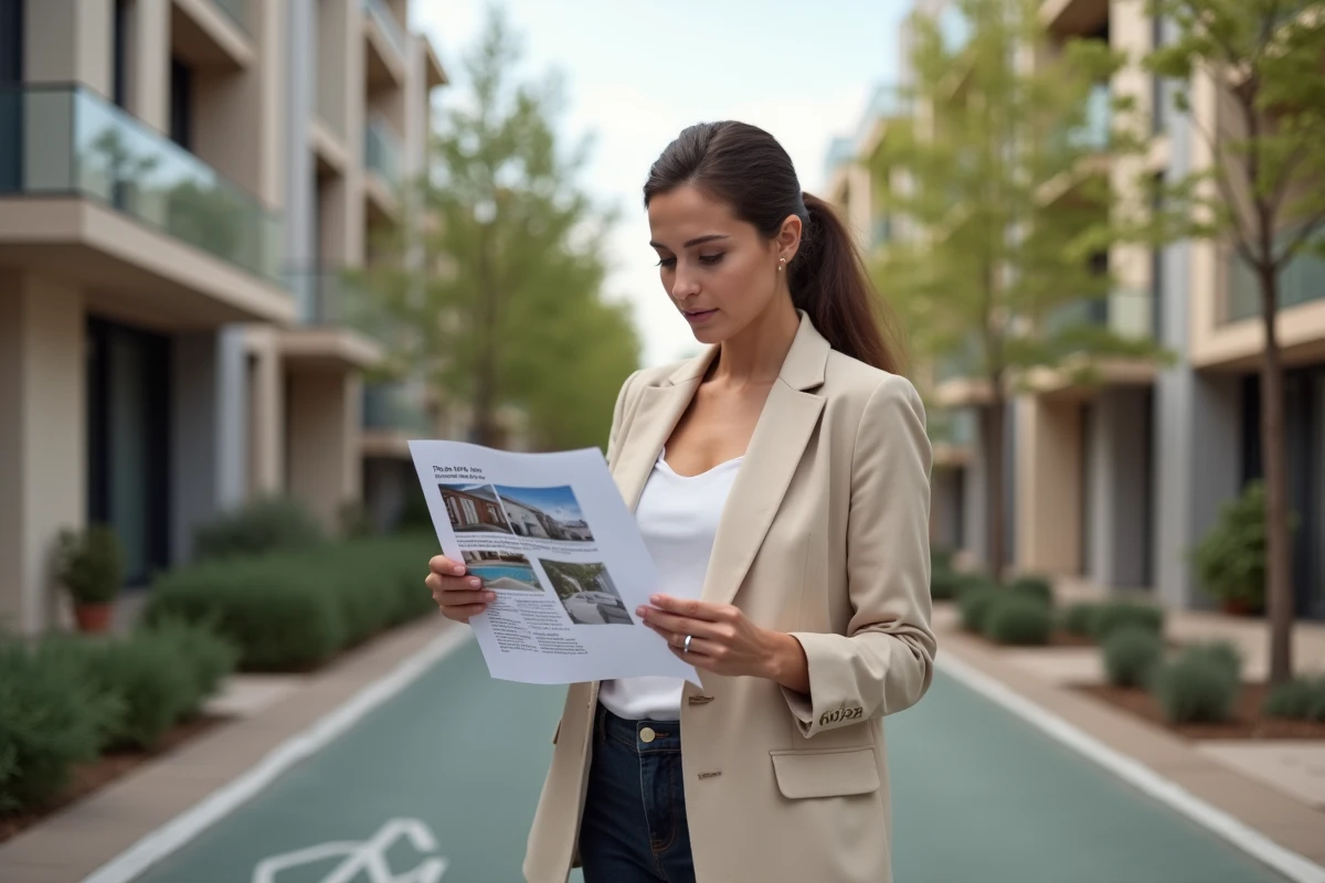 Femme consultant une annonce immobilière dans le quartier Montaudran à Toulouse, avec des immeubles résidentiels modernes en arrière-plan