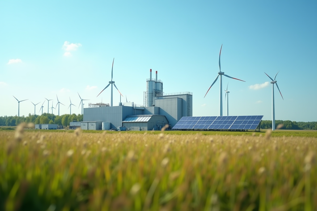 Installation industrielle avec panneaux solaires et éoliennes