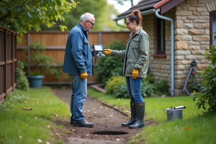 Femme en bottes et gants expliquant un appareil d inspection des eaux