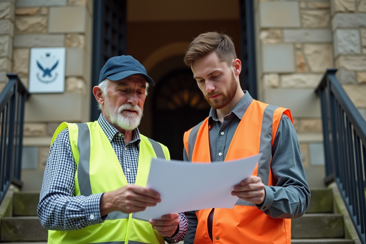 Homme en gilet haute-visibilite et agent municipal devant mairie