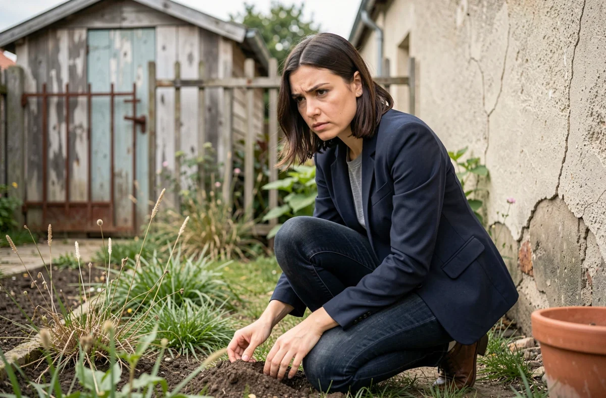 Femme inspectant l'état d'un jardin avant de signer un bail de location pour une petite maison en Bourgogne