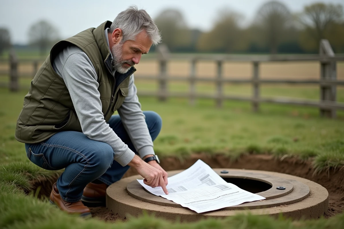 Homme inspectant les fondations d'une yourte sur terrain agricole en consultant la réglementation d'urbanisme
