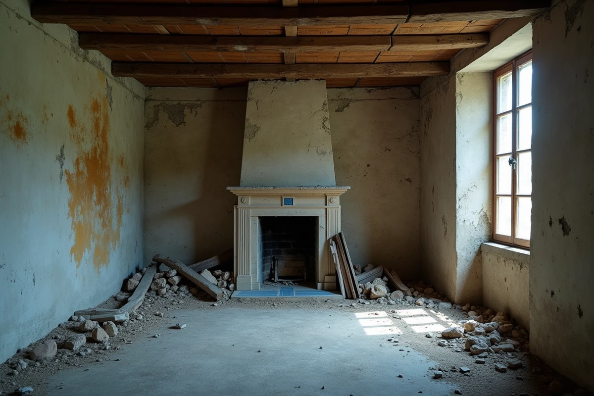 Intérieur délabré d'une maison abandonnée en PACA avec plâtre écaillé, poutres effondrées et cheminée ancienne