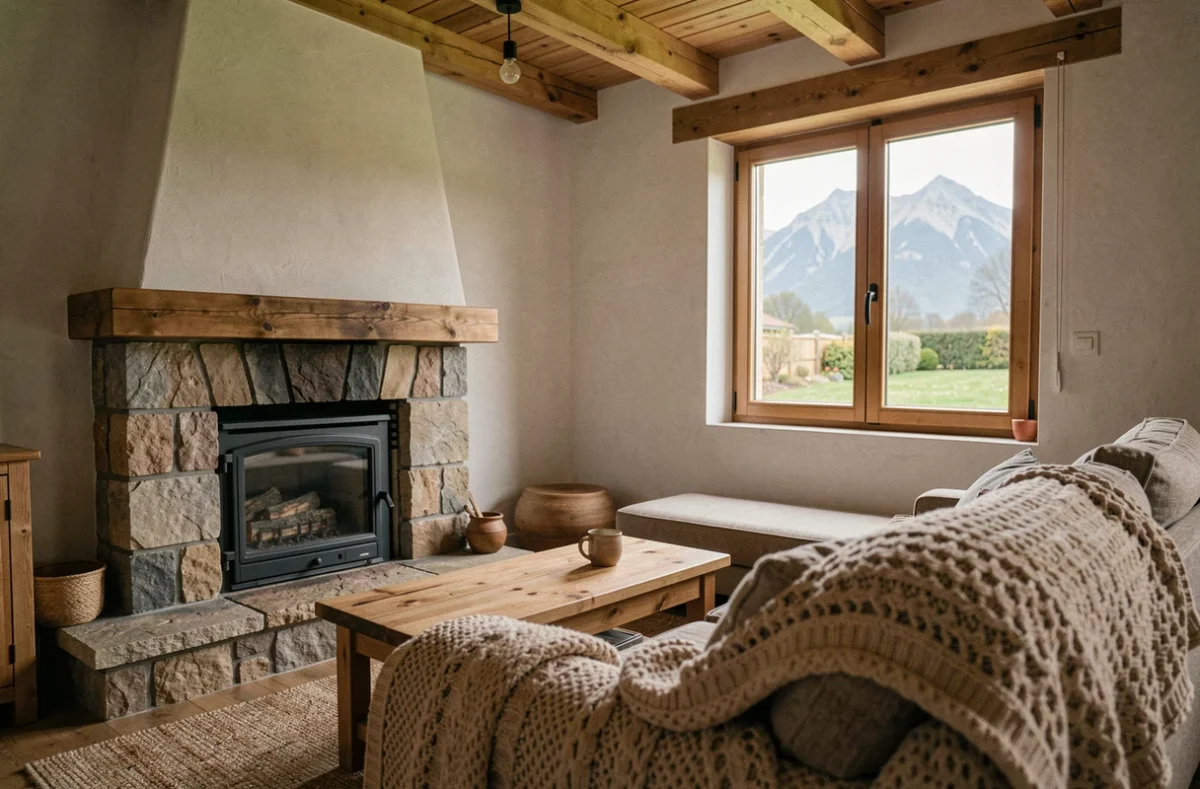 Intérieur chaleureux d'une petite maison de location entre particuliers avec cheminée en pierre dans les Pyrénées