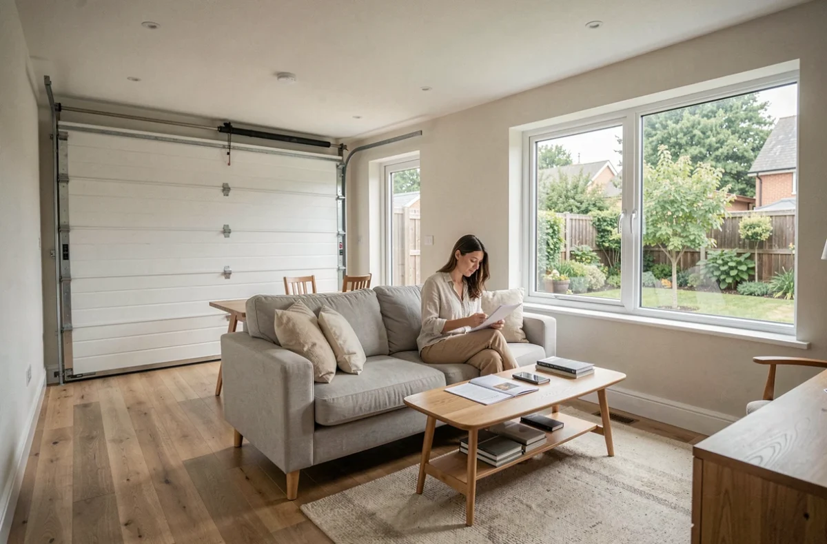 Intérieur spacieux et lumineux d'une maison mitoyenne par le garage avec salon ouvert et vue sur jardin privé