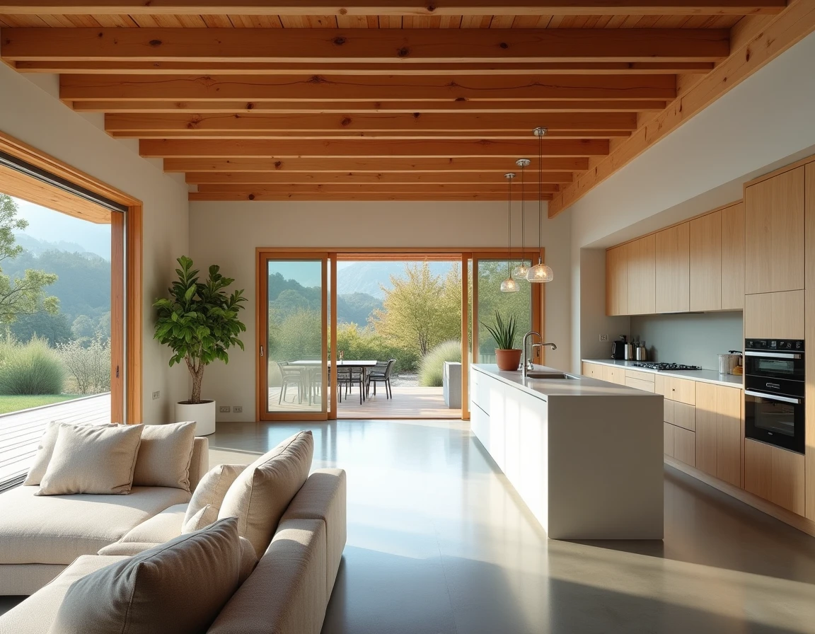 Intérieur lumineux d'une maison de plain-pied en ossature bois avec poutres apparentes et cuisine ouverte