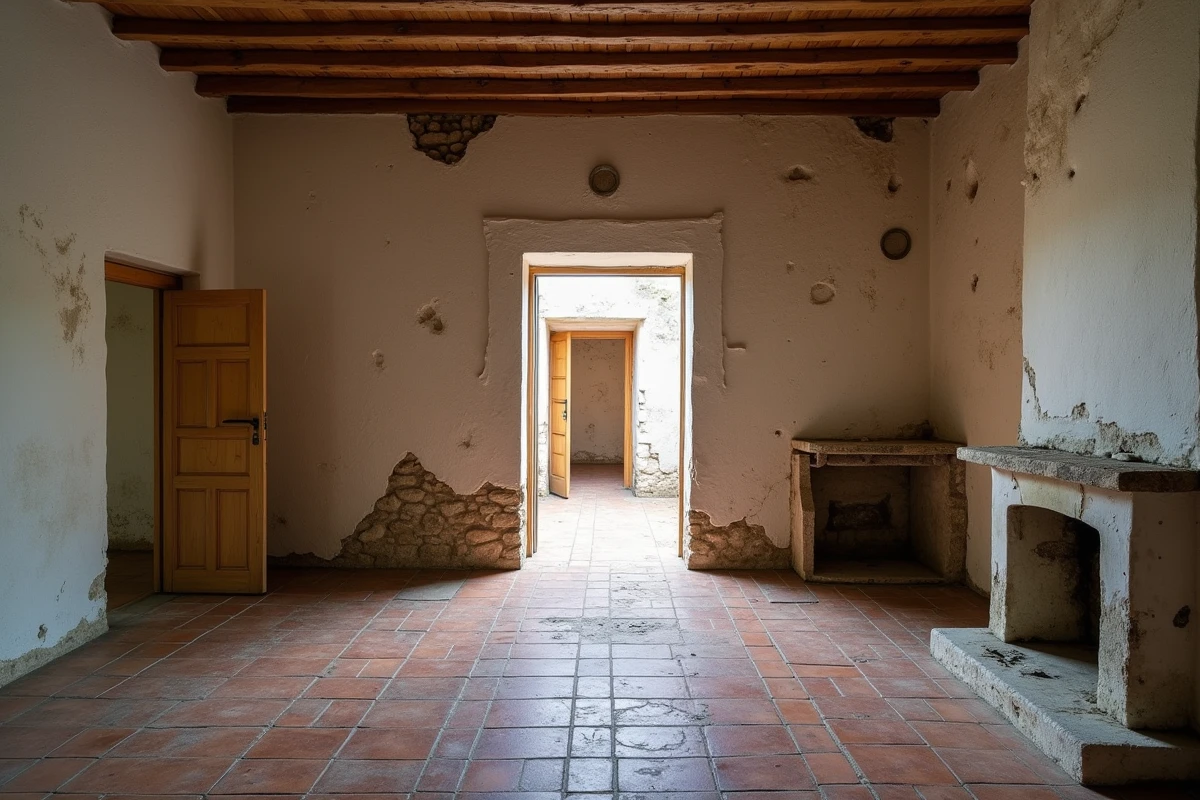 Intérieur délabré d'une petite maison de pêcheur à rénover avec carrelage fissuré, murs en pierre apparente et poutres anciennes
