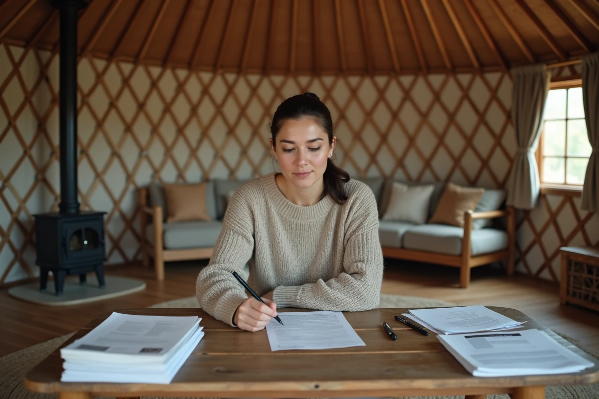 Intérieur d'une yourte aménagée en habitation temporaire légale avec documents administratifs sur une table en bois