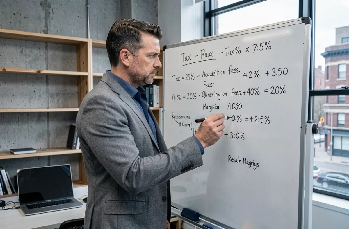 Investisseur immobilier analysant le calcul détaillé des frais de notaire pour un achat-revente sur un tableau blanc