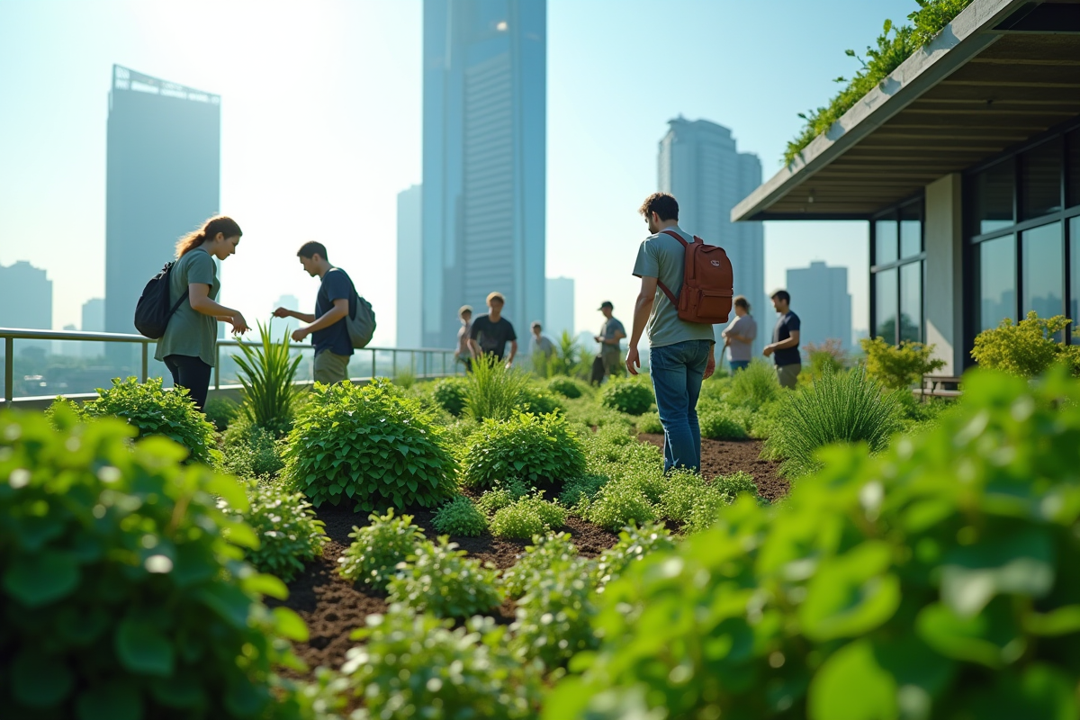 Jardin urbain sur toit moderne avec personnes et gratte-ciel