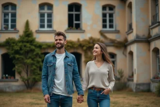 Jeune couple devant un château abandonné en extérieur